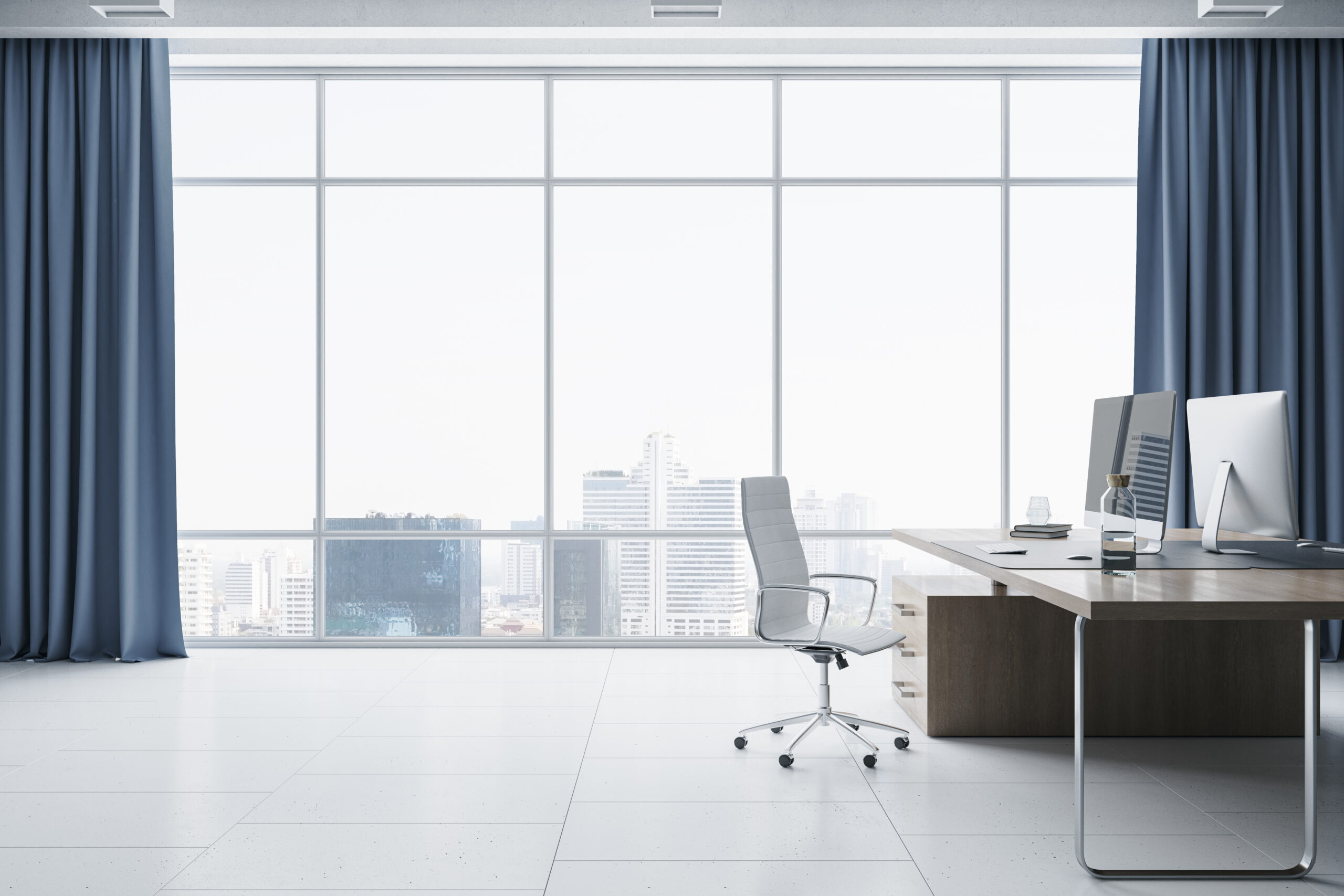 bright coworking office interior with panoramic window and city view, blue curtains, furniture and decorative items. 3d rendering.